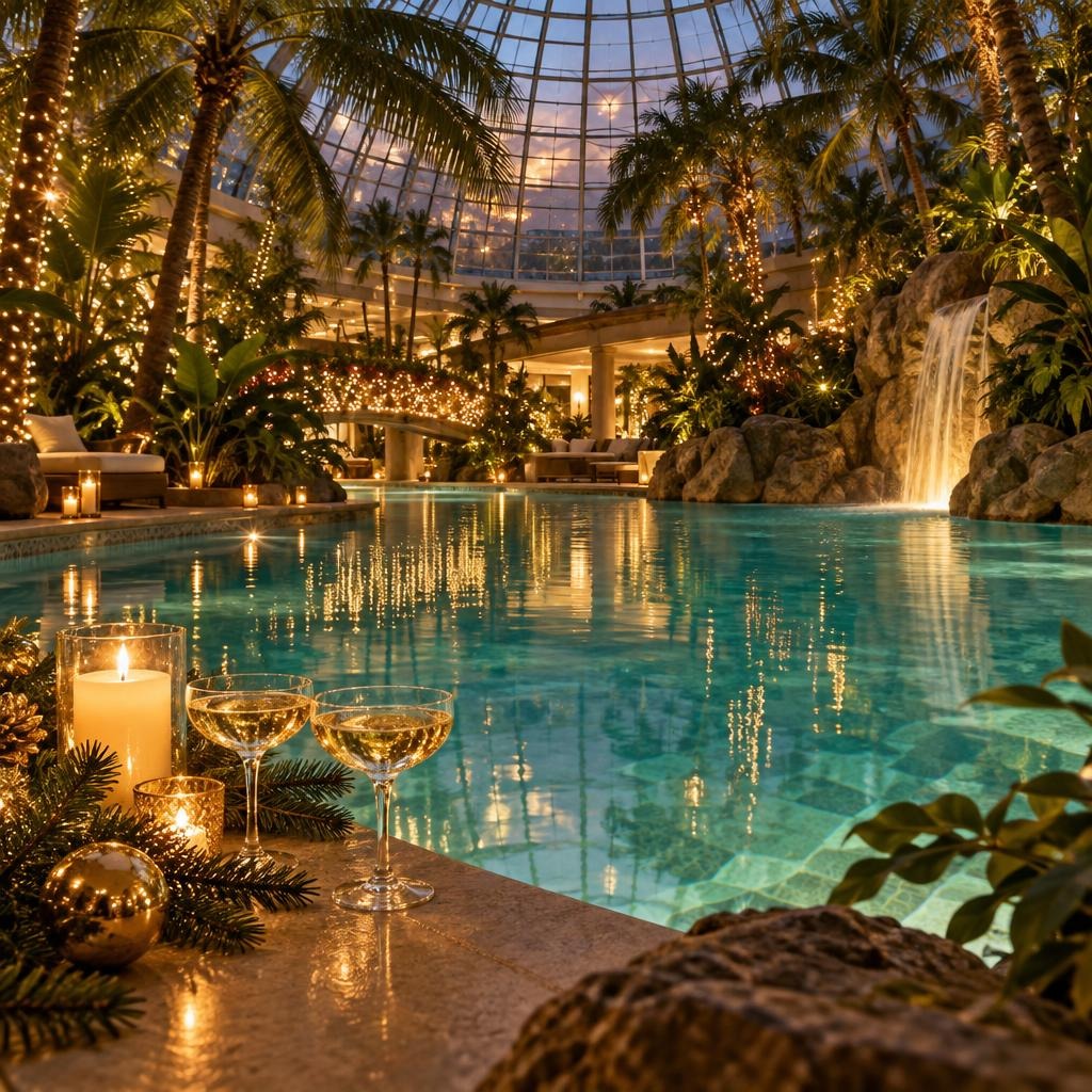 Silvester-Kurzurlaub im Landhotel Hallnberg mit Besuch der THERME ERDING: tropische Thermenlandschaft mit Wasserfall und beleuchteter Br?cke, am Beckenrand Champagner, Kerzen, Tannengr?n und goldene Kugeln.