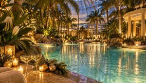 Silvester-Kurzurlaub im Landhotel Hallnberg mit Besuch der THERME ERDING: tropische Thermenlandschaft mit Palaumen und beleuchteter Glaskuppel, am Beckenrand Champagner, brennende Kerzen, Tannengr?n und goldene Kugeln.