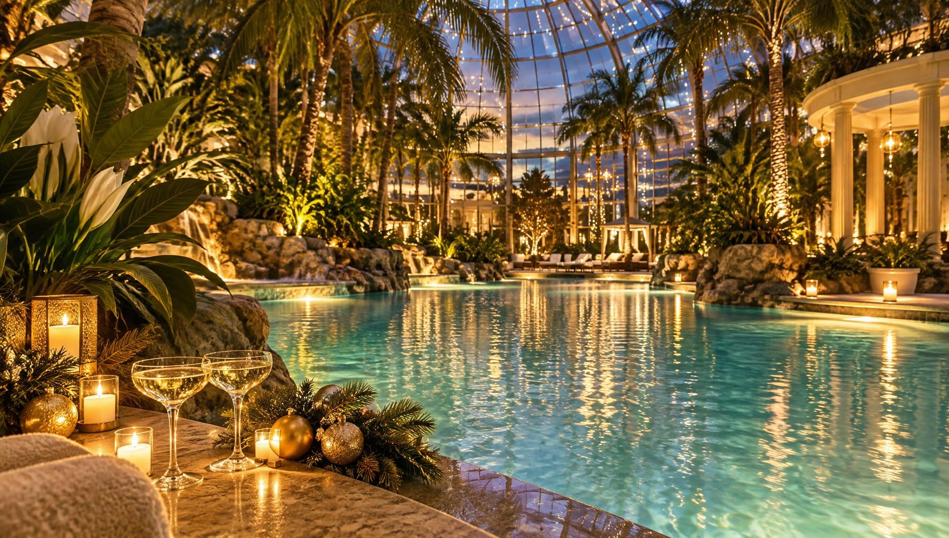 Silvester-Kurzurlaub im Landhotel Hallnberg mit Besuch der THERME ERDING: tropische Thermenlandschaft mit Palaumen und beleuchteter Glaskuppel, am Beckenrand Champagner, brennende Kerzen, Tannengr?n und goldene Kugeln.